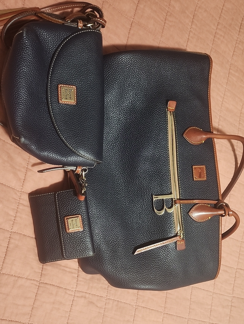 Dooney & Bourke Navy Pebble Leather Tote with Tan Trim plus Crossbody and Wallet